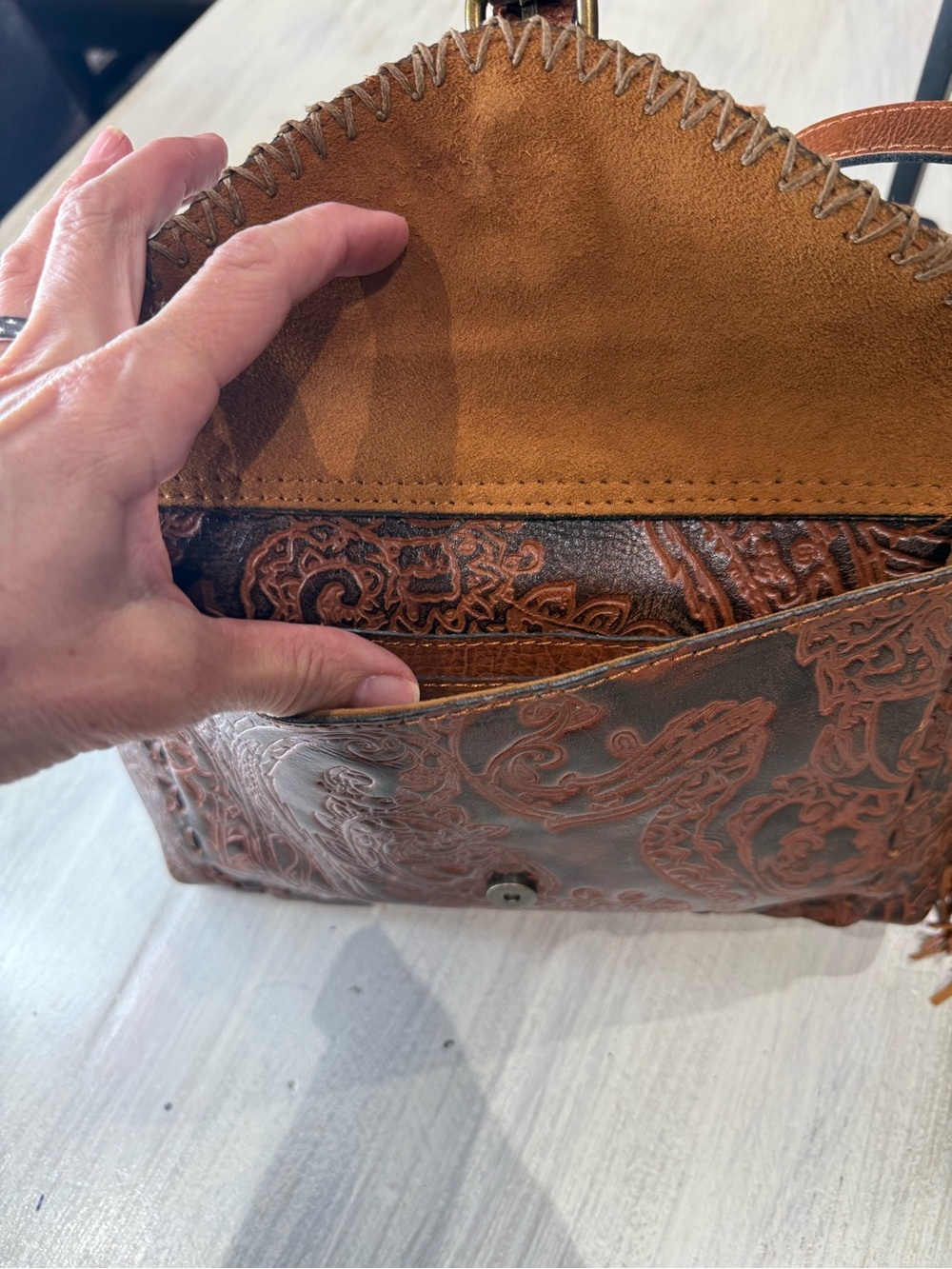 Patricia Nash Chestnut Tooled Leather Crossbody with Tassel - Picture 6 of 13